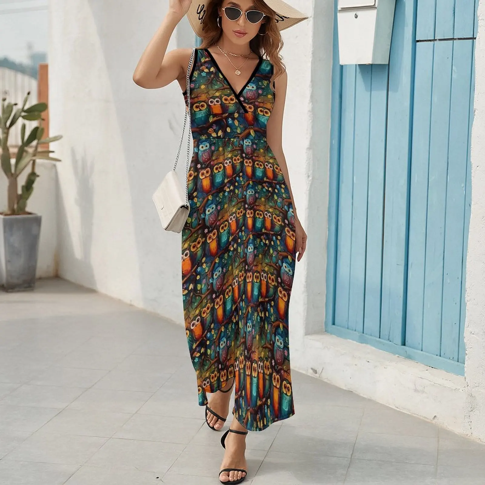 Bold Owl Dress Floral Feathers Cute Maxi Dress Aesthetic Boho Beach Long Dresses High Waist Design Big Size Vestidos