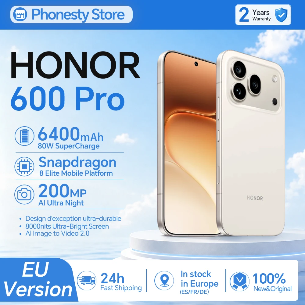 Smartphone Honor 600 Pro 5G Version EU Snapdragon 8 Elite Écran AMOLED 6,57 pouces 6400 mAh Supercharge 80W Sans fil 50W 12 Go + 512 Go 200 MP IA Ultra Night De