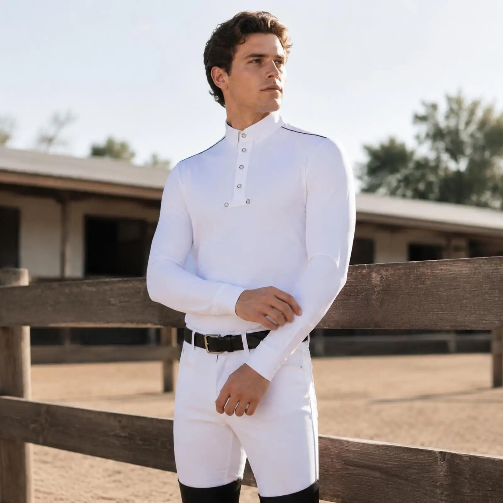 Reitsport-Shirt mit Stehkragen und Langen Ärmeln, Dehnbares Reitoberteil für Herren – Detail 5