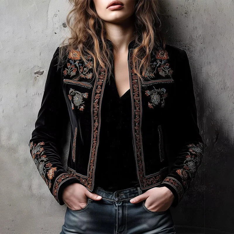 

Осенняя женская куртка с воротником-стойкой и цветочным принтом, американские кардиганы в стиле ретро, короткая верхняя одежда, шикарная повседневная элегантная куртка, пальто