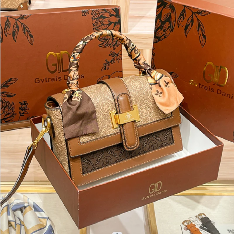 

Сумка женская с верхней ручкой, роскошный саквояж в стиле ретро, винтажная брендовая Классическая сумочка на плечо через плечо с шарфом