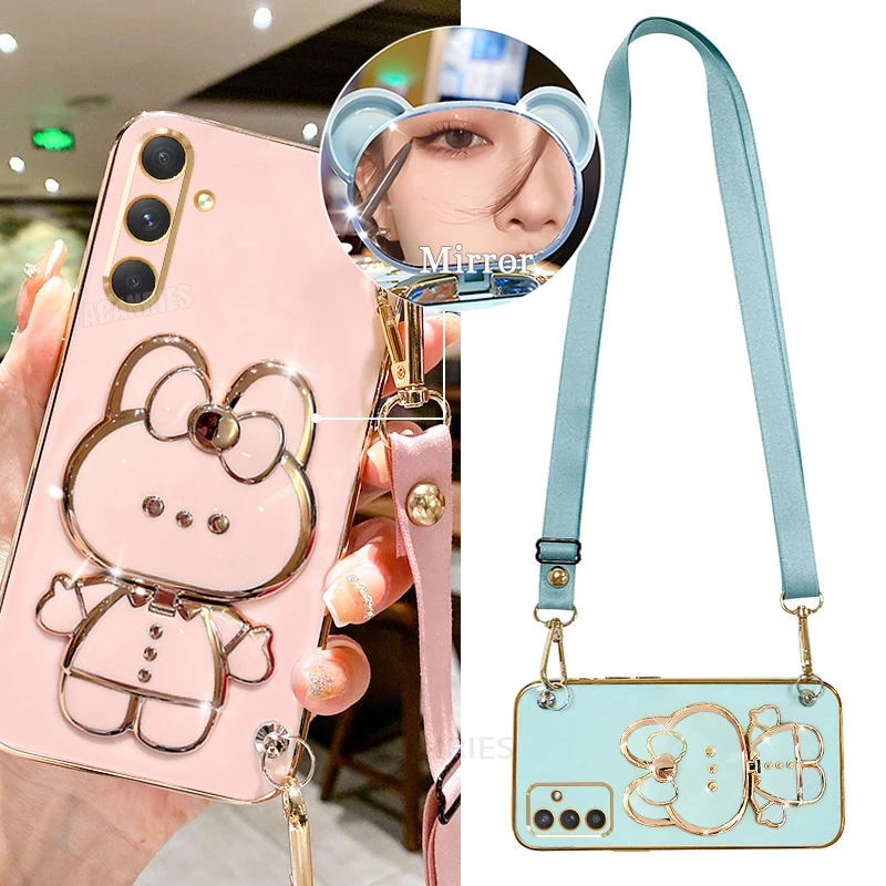 Crossbody Lanyard Mirror Holder Case For Samsung Galaxy A15 A25 A35 A55 A14 A24 A34 A54 A05s M55 M15 M14 M54 Silicone Soft Cover