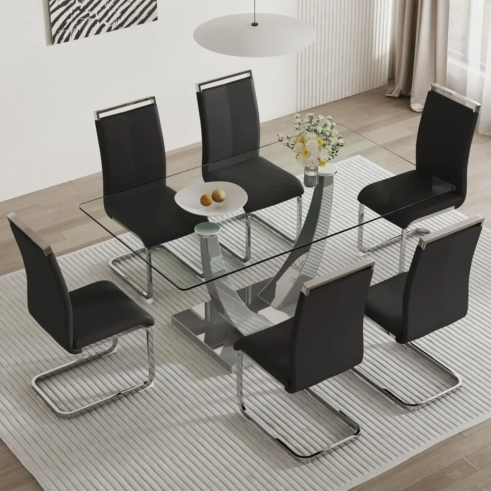 

67'' 7-piece Glass Dining Table Set,Dining Table Set with Chairs, U-Shaped Metal Tables Legs, Tempered Glass Dining Table Set