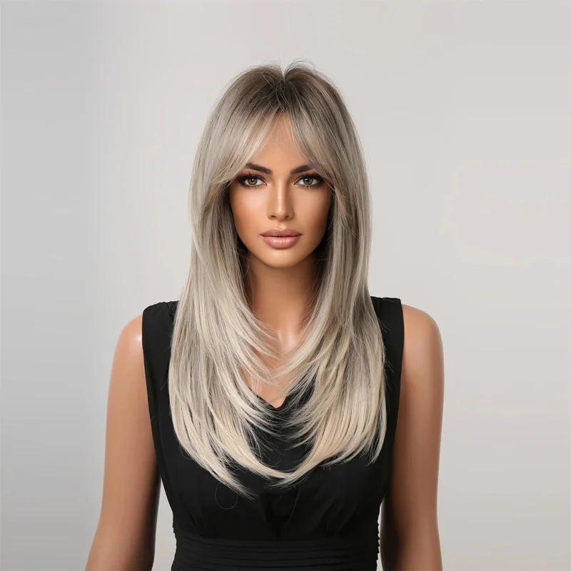 ESIN Synthetic Wig Medium Ombre Dark Color to White Blonde Wigs for Women Ombre Layered Hair with Dark Roots