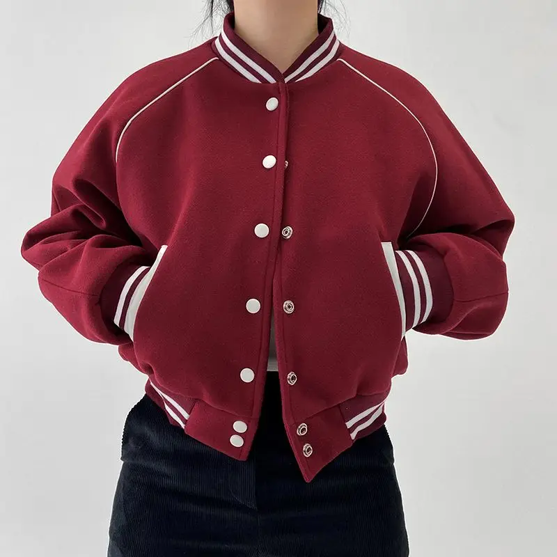 Baseball Jacket Color-Blocked Buttons American Sports And Casual Women'S Loose Versatile Lazy Top Autumn And Winter Style