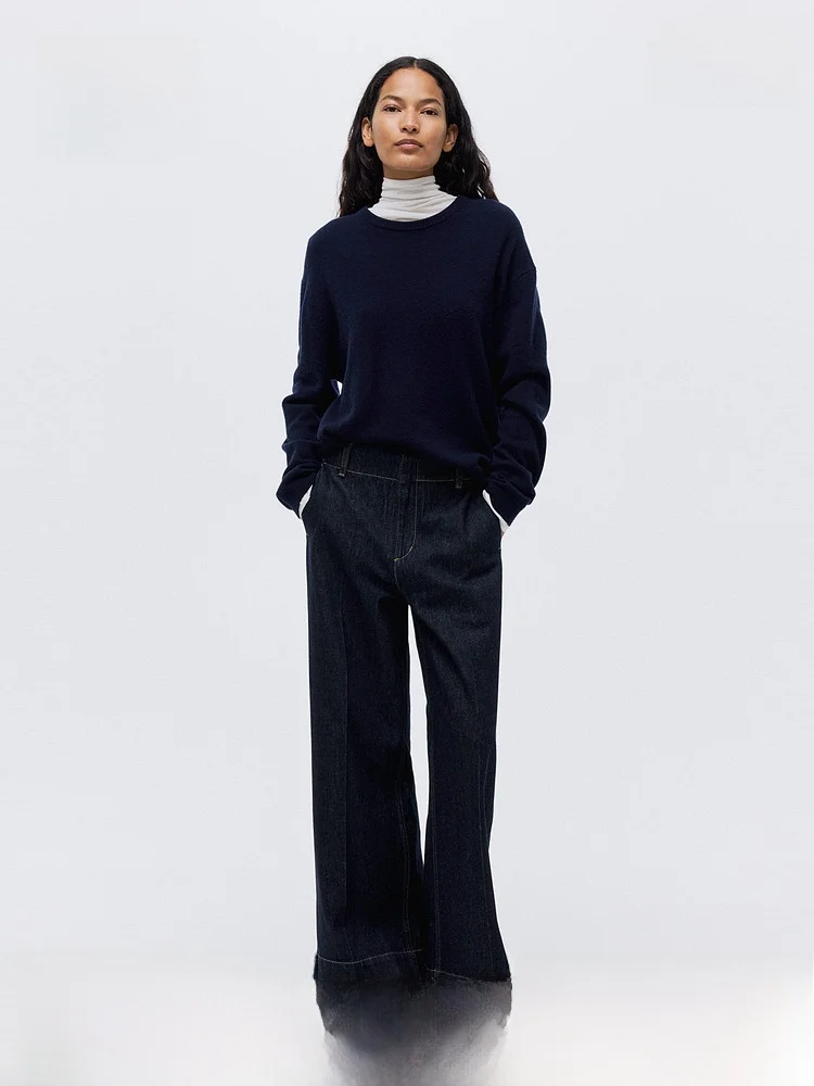 Hochgeschnittene Weite Jeans für Damen Winter Lässige Passform Baumwolle Lange Hosen H&M 302952 Premium Damenjeans