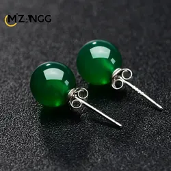 Natural S925 Silver Inlaid Chalcedony Round Beads Long Earrings Vintage Green Agate Ear Stud Charming Jewelry Lady Mother Gift