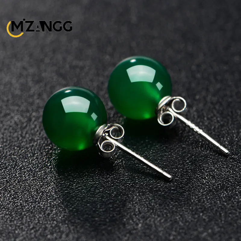 Natural S925 Silver Inlaid Chalcedony Round Beads Long Earrings Vintage Green Agate Ear Stud Charming Jewelry Lady Mother Gift