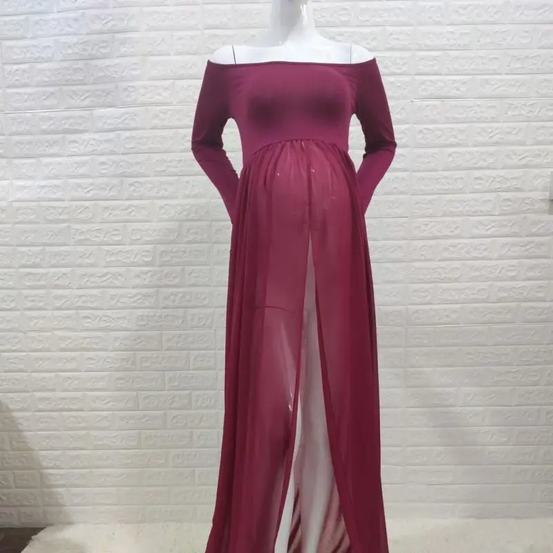  Portrait Ready Maternity Gown with Long Sleeves, Split Front Overlay and Off Shoulder Neckline for Photo Styling