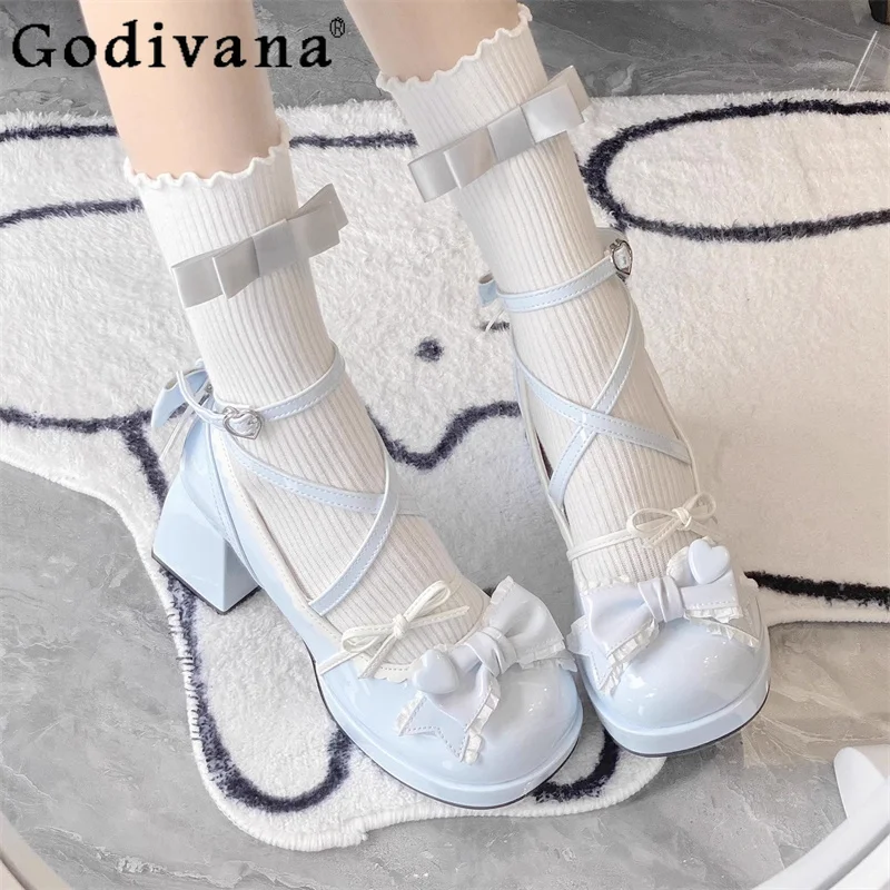

Thick Soled Blue Lolita Style Shoes Women High Heels Blue Chunky Japanese Shoes Girls Waterproof Platform Sweet Single Shoes