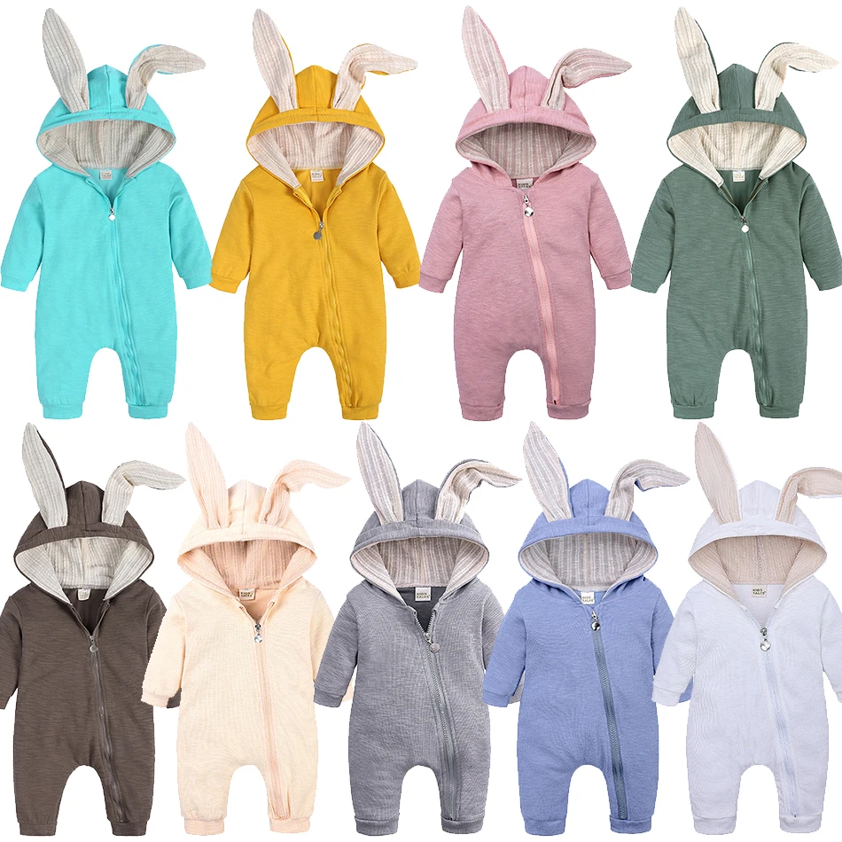 

Unisex Baby Rabbit Ears Hooded Rompers Newborn Long Sleeve Outfits Infant Solid Zipper Jumpsuits Girls Boys Casual Sleepwear