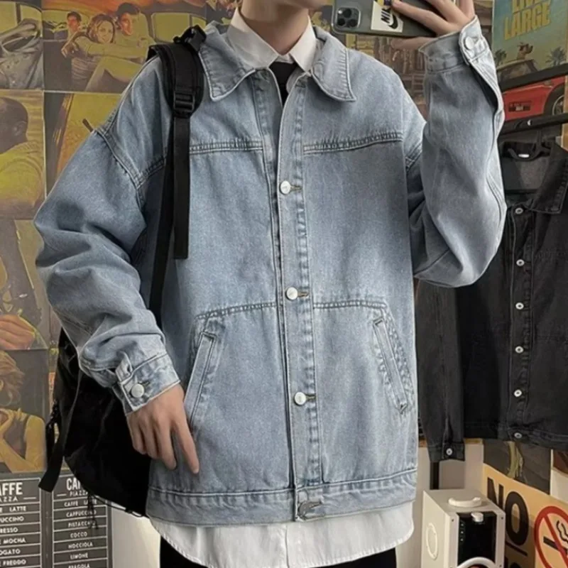 

Light Blue Single-breasted Denim Jacket Men's Solid Color Retro Loose Coats Fashion Long Sleeves Lapels Jackets Men's Clothing