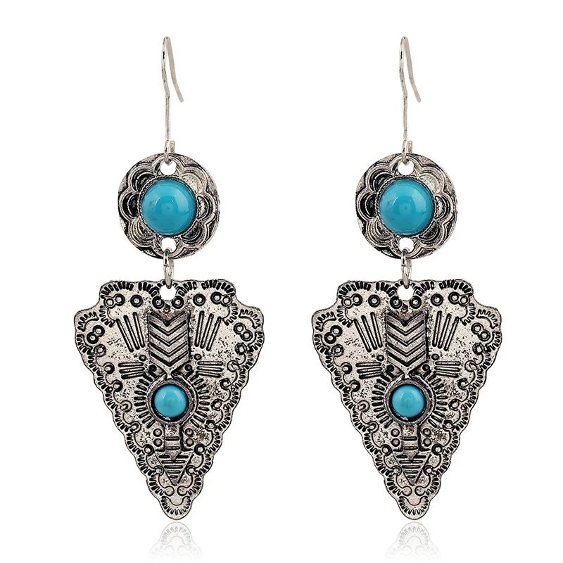 Vintage Retro Ethnic Triangle  Alloy Drop Dangle Women Earrings Tribe Carved Sword Blue Beaded Bohemian Party Jewelry Earrings