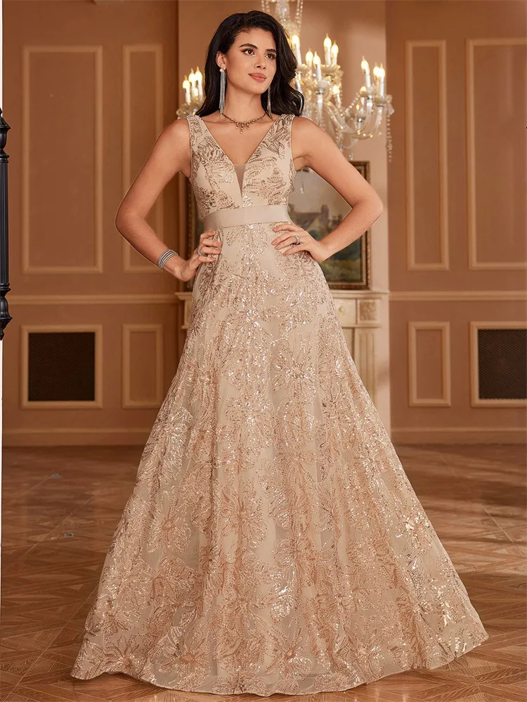 

Hot Luxury Sexy V-Neck Sequins Formal Evening Dress Long Women Elegant V-back Wedding Party Long Prom Cocktail Graduation Gown
