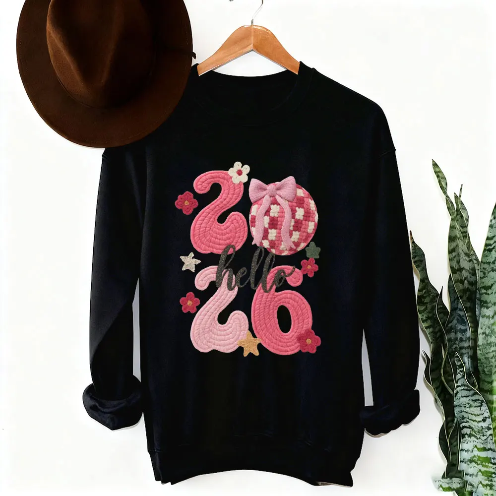 Appy Capodanno 2026 Felpe da donna maglione finto rosa all'uncinetto stampa grafica pullover da vacanza non ricamo felpe con cappuccio da donna