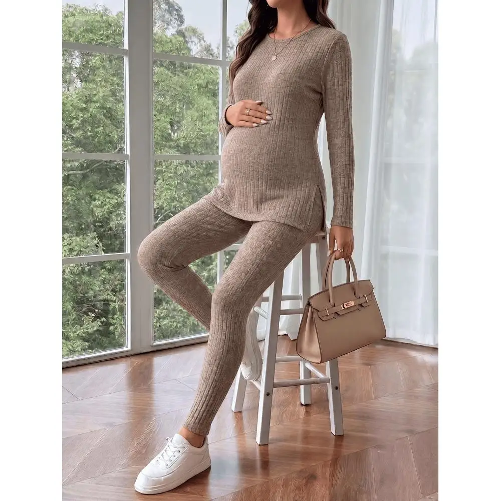 2-piece set, maternity knitted trousers long-sleeved top set, autumn and winter women's home leisure sports comfortable maternity clothes
