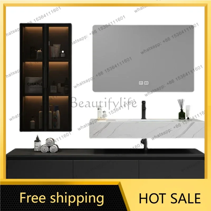 YJ Nordic Luxury Rock Plate Bathroom Cabinet Combo Modern Solid Wood Vanity Bathroom Mirror Shelves Furniture Muebles De Baño FY
