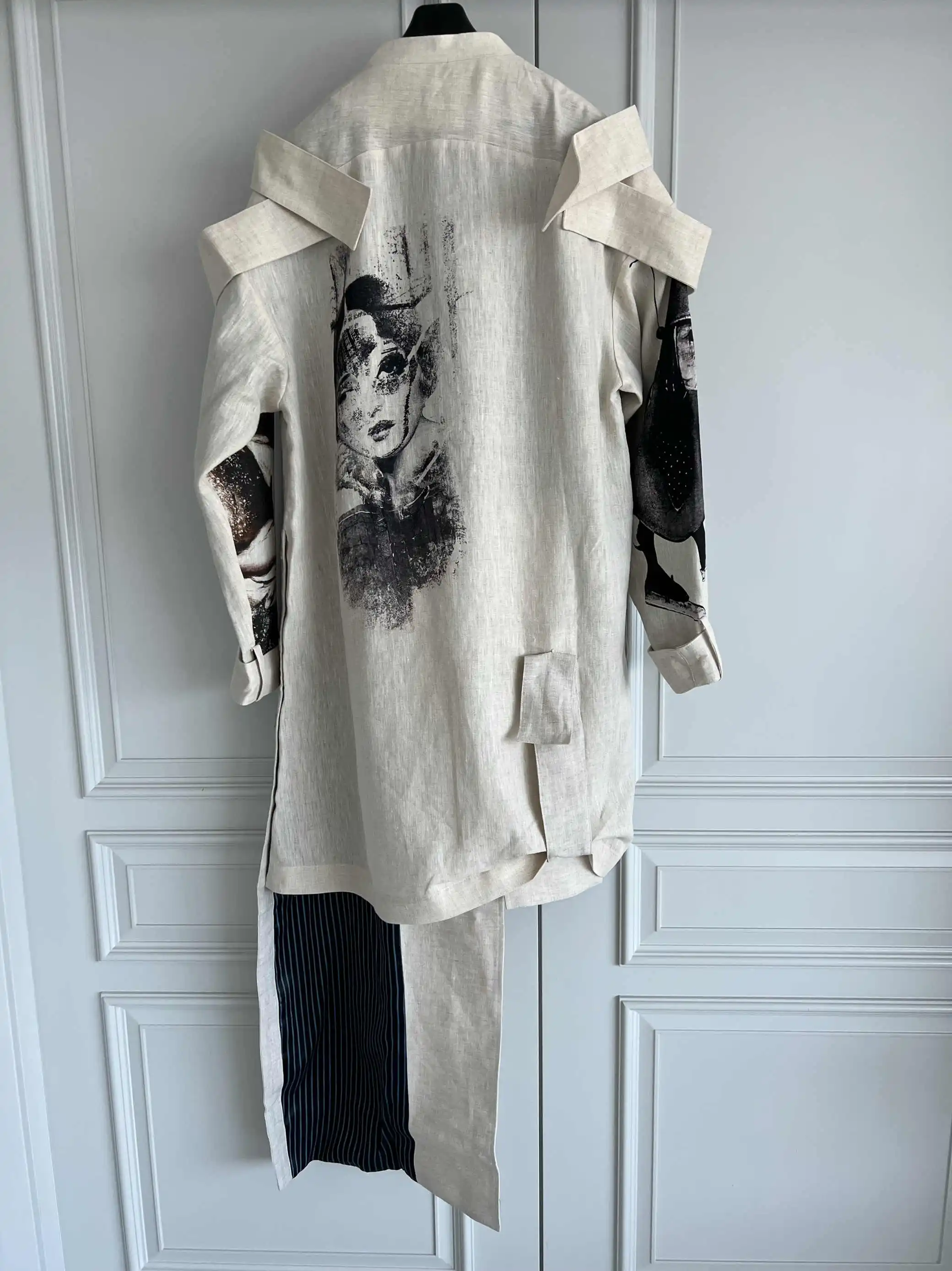 TOP-YAMAMOTO original design printed asymmetrical swaying jacket coat, epaulets, hem knotted coat