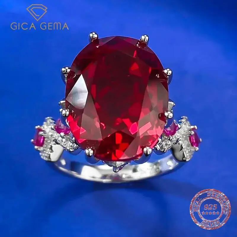 Gica Gema خمر نمط 12*16 مللي متر البيضاوي مكون حمامة الدم الأحمر خاتم كوكتيل 925 فضة خواتم الزفاف الزفاف للنساء
