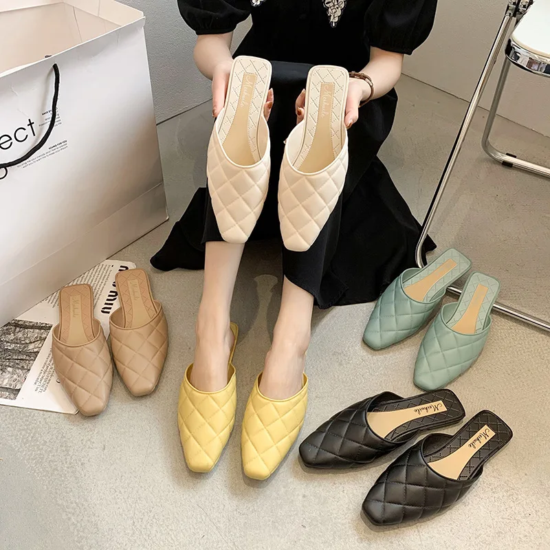 

Simple Styles Summer Baotou Plaid Flat Half Slippers Women's Version All-match Women's Shoes Square Toe Temperament Casual Flats