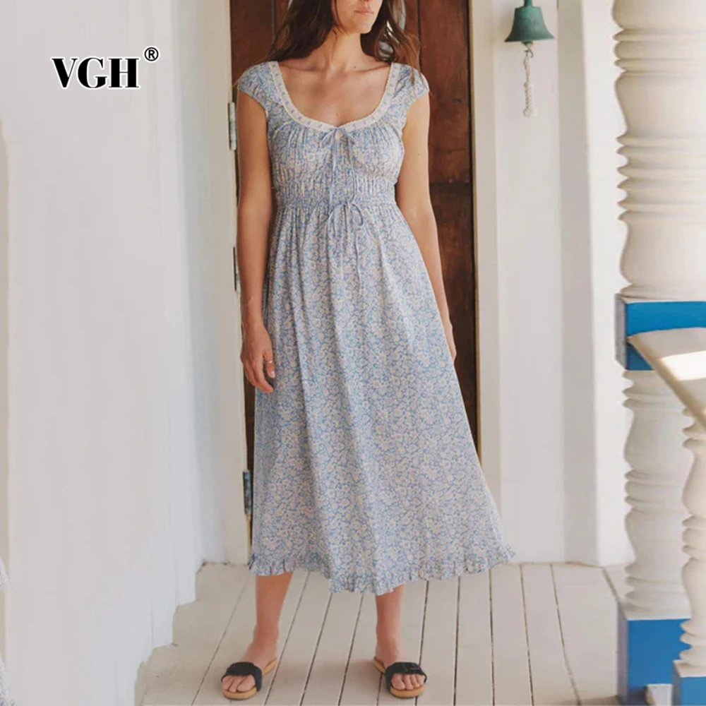 

VGH Elegant Vintage Slimming Printing Dresses For Women Round Neck Short Sleeve High Waist Sexy Dress Female Fashion Style New
