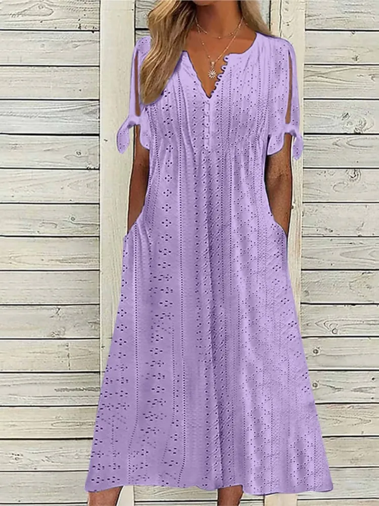 Robe d'été à manches courtes pour femmes, couleur unie, mode Sexy, col en V creux, dentelle, volants, décontractée, Simple, robe de plage, de vacances