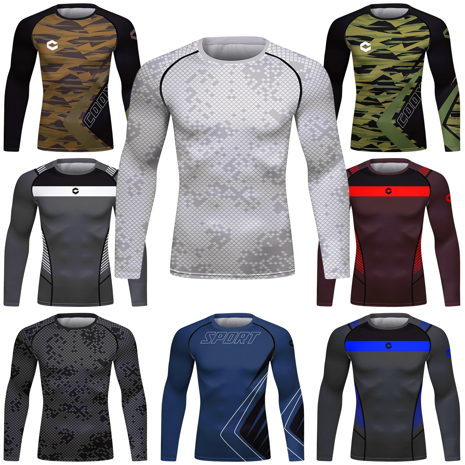 Gray Camouflage Printed Compression Rash Guards for Men Sunscreen Cody Training Wrestling MMA Bjj Martial Arts Jiu Jitsu Wear