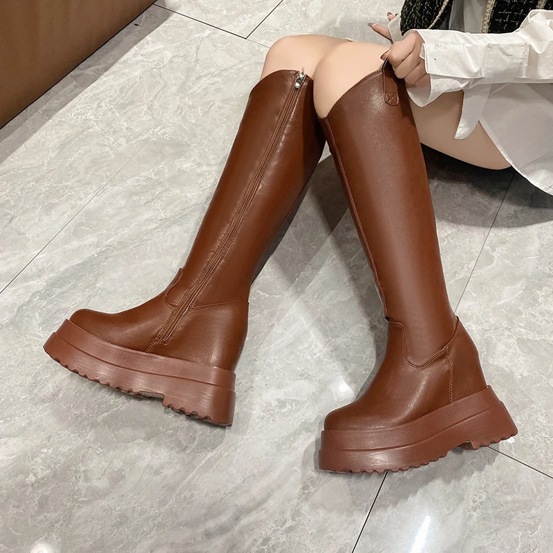 Winter Long Boot Chunky Leather Knee High Boots Women Retro Punk Height Increasing Platform Motorcycle Boots Woman Booties Mujer