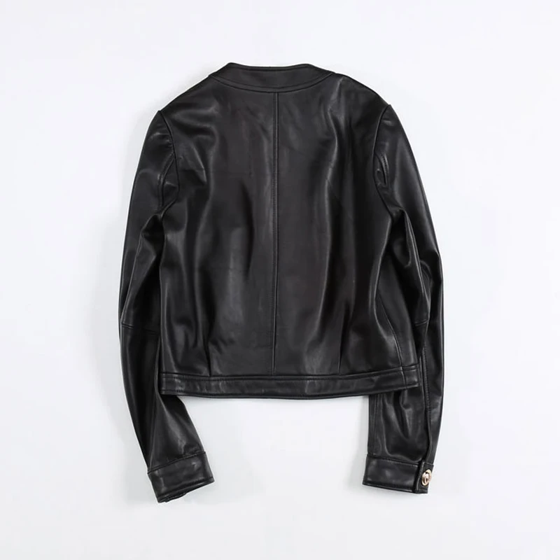 Giacche corte con scollo a V da donna in pelle di pecora al 100% 2025 Cappotti in vera pelle a maniche lunghe monopetto da donna a vita alta