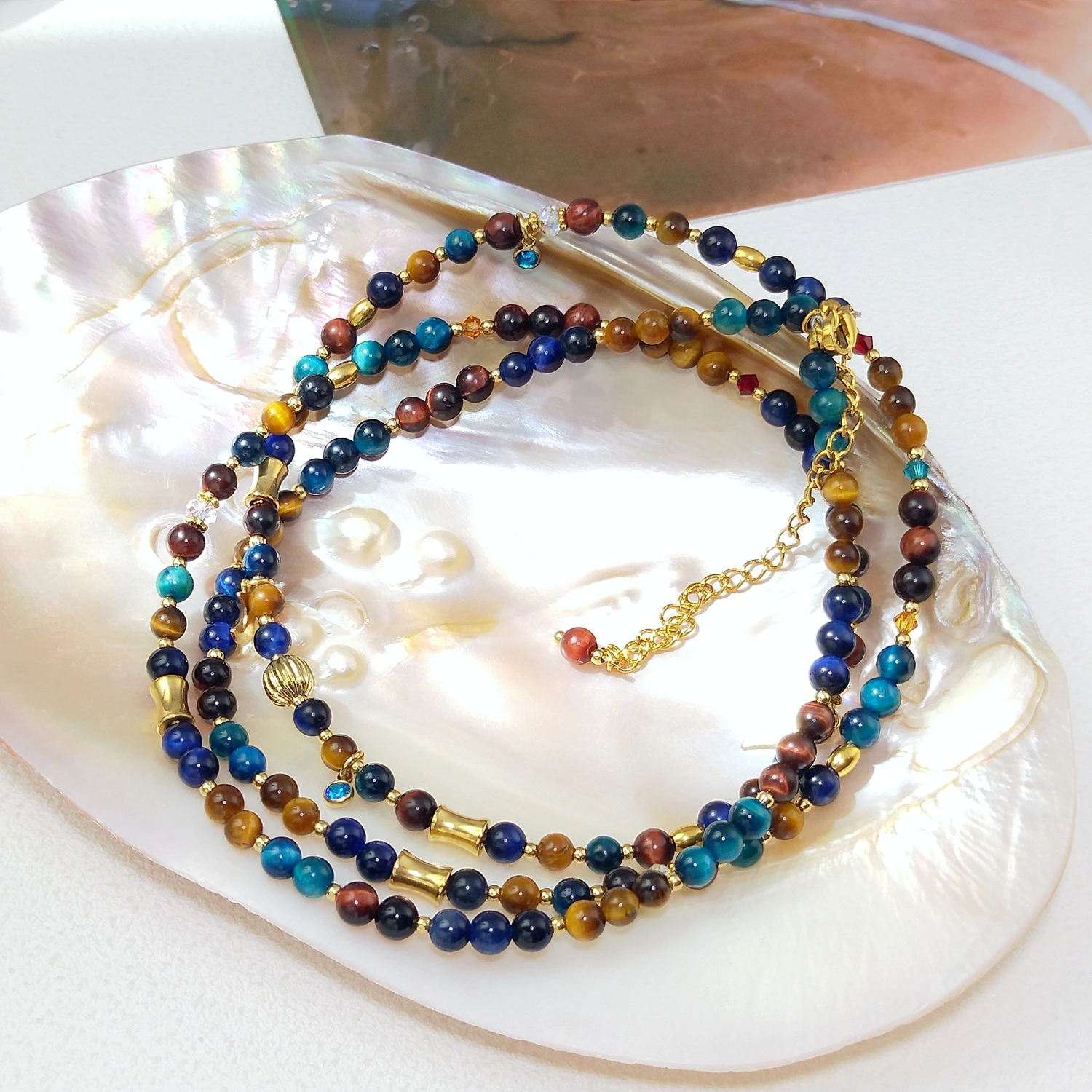 

Lii Ji 3-4mm Multi Color Tiger's Eye Beads Stainless Steel Gold Plated Waist Chain 76+8cm Natural Stone Handmade Jewelry