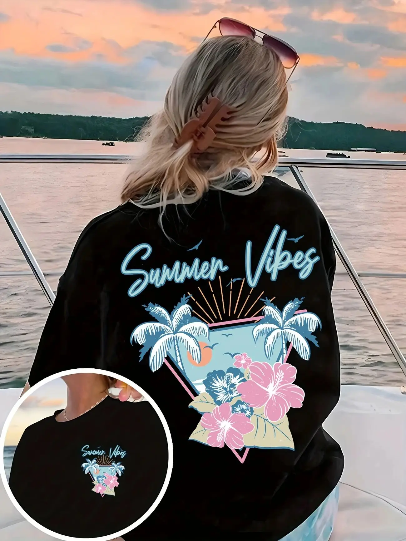 

Plus - Size Vacation - themed Tee, Short - Sleeve with “Summer Vibes” & Palm Trees