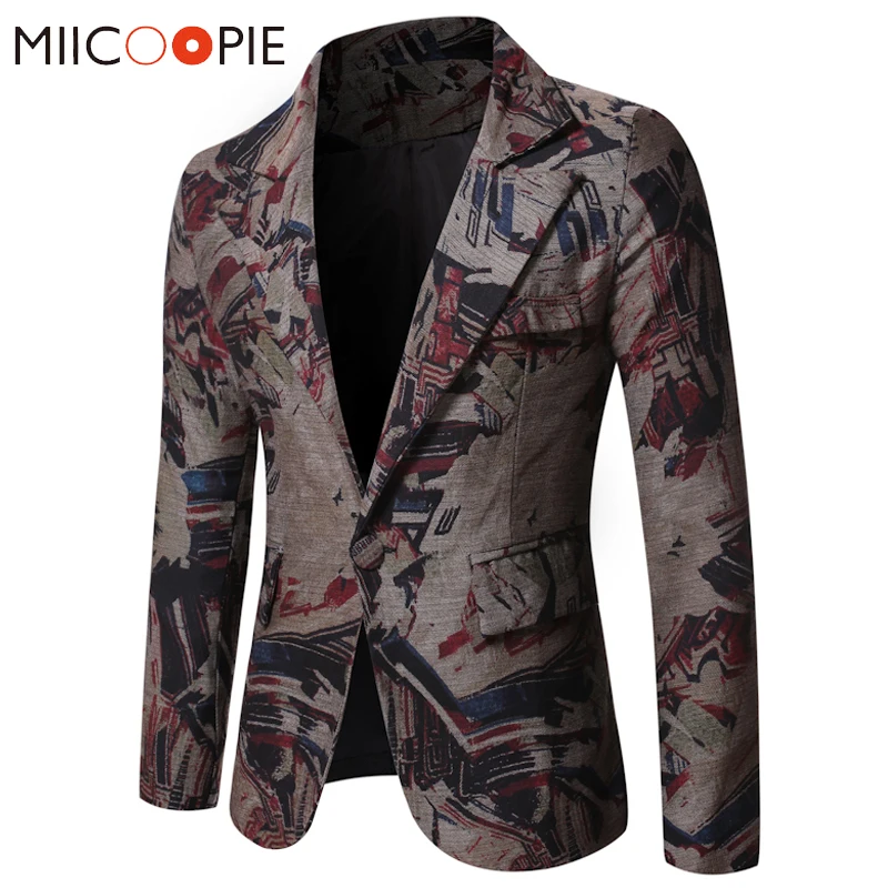 Vintage Printed Formal Blazer Men Fashion V-Neck Slim Fit Floral Blazers Costume Homme Casual Single Button Mens Suit Jackets