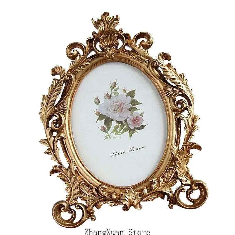 Old Fashioned Oval Picture Frame Resin Golden Flowers Photo Display Home Decors 3XUF – Detail 4