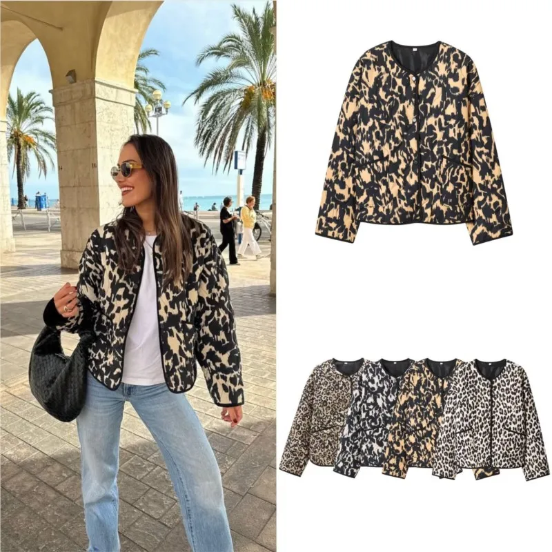 

2025 женская зимняя американская повседневная свободная утепленная ветрозащитная куртка с леопардовым принтом и длинными рукавами, верхняя одежда для холодной погоды