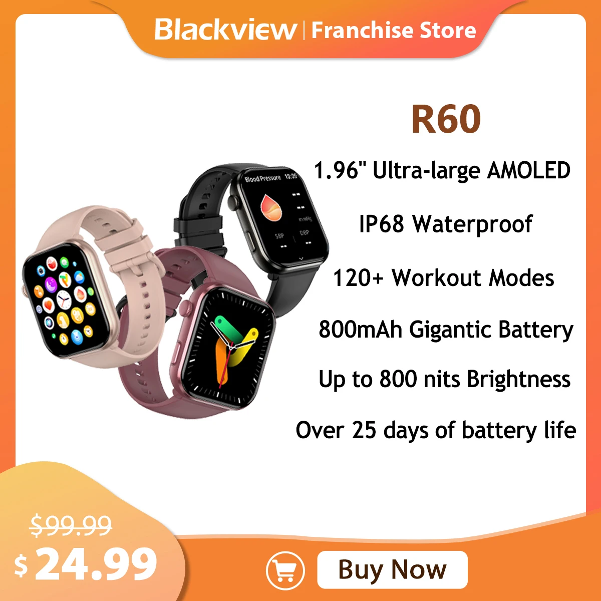 Blackview Smartwatch R60 1.96'' Ultra-large AEMOLED Display,Men Women Watch with 800mAh Battery 5.3 Bluetooth with Fitness Heart