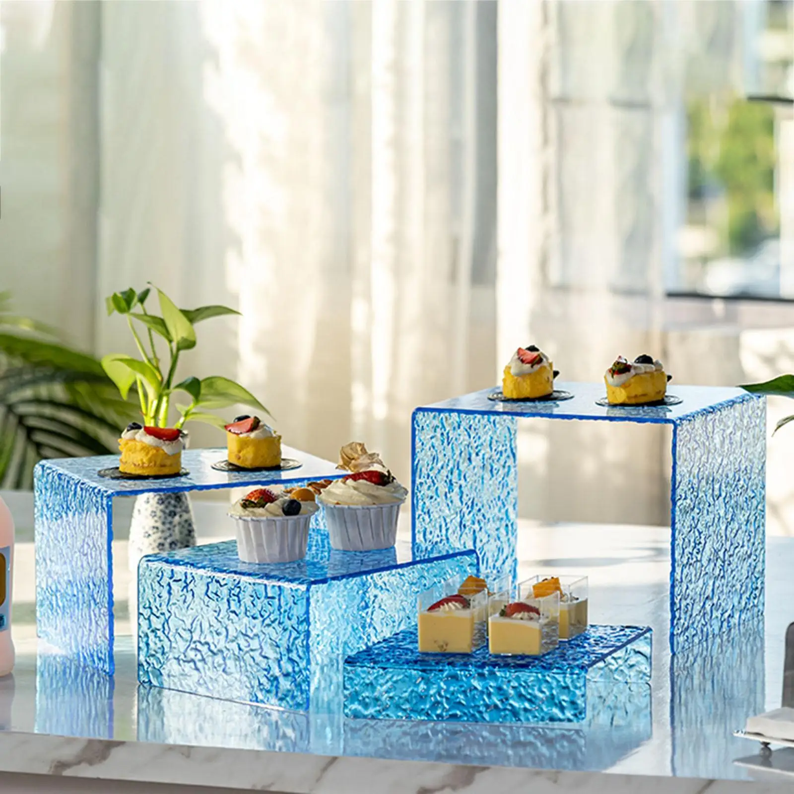 

4 Pieces Buffet Risers Blue Space Saving Acrylic Food Risers Dessert Table Display Set for Candy Brunch Buffet Catering Jewelry