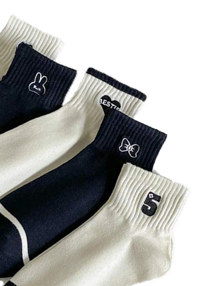 5 Pairs Women Multi-Color Dopamine Ankle Socks Fashionable Cute Cartoon Pattern Soft Comfortable Sweat Absorbing Casual Socks﻿