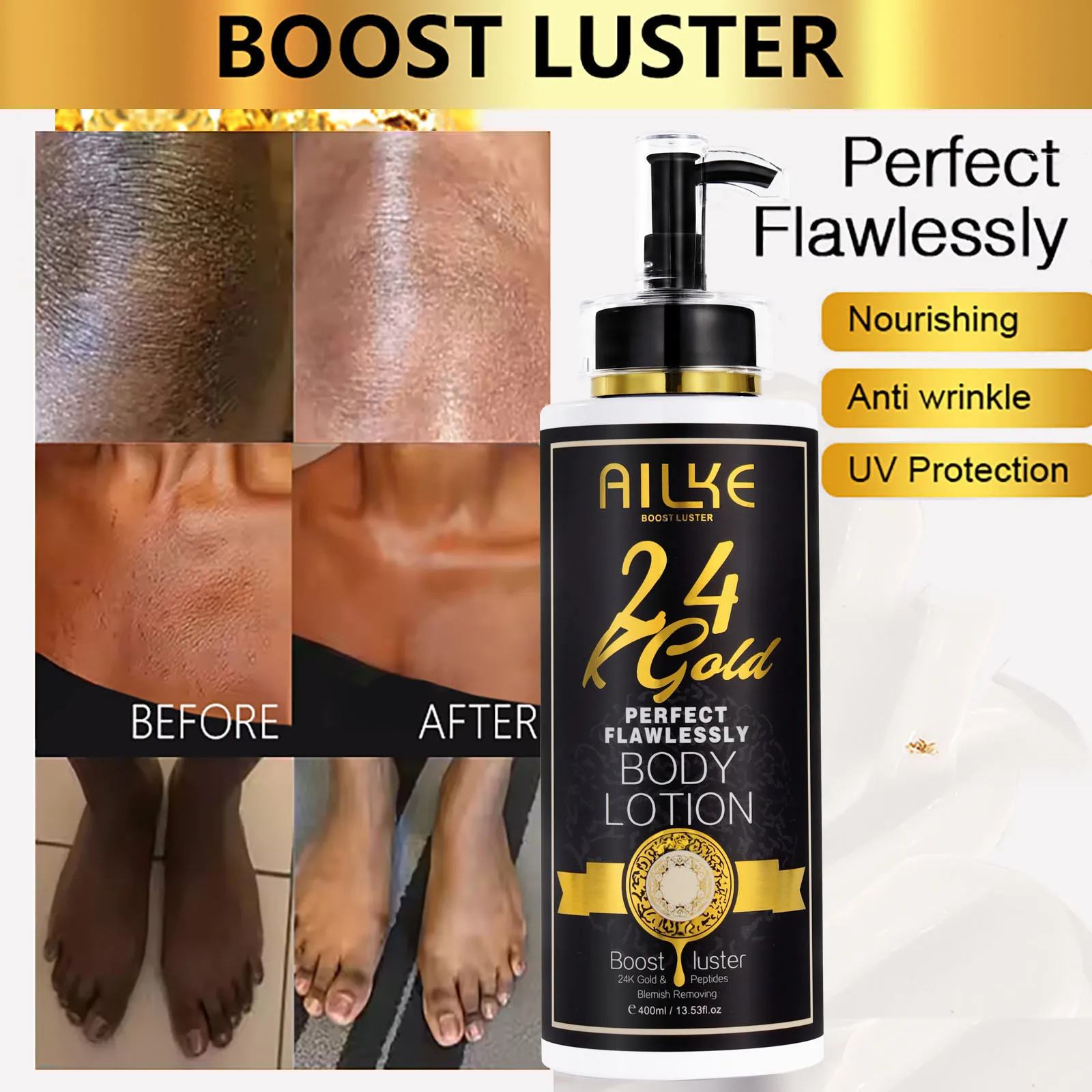 

AILKE 24-каратное золото, идеальный безупречный лосьон для тела, отбеливающий, придающий меланин, увлажняющий, защита от ультрафиолета, с никотинамидным витамином С