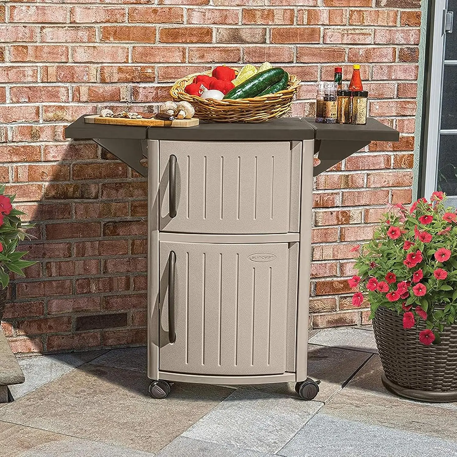 Outdoor Grilling Prep Station Table With Storage, BBQ Work Counter For Backyard Patio, Taupe And Brown Finish - view 3