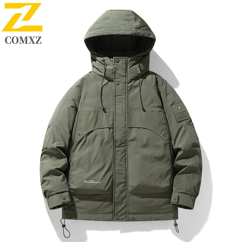 COMXZ Casual Hooded Men Down Jacket Outdoor Travel Thickened Warm Padded Jacket Trendy Camping Lightweight Winter Down Coat