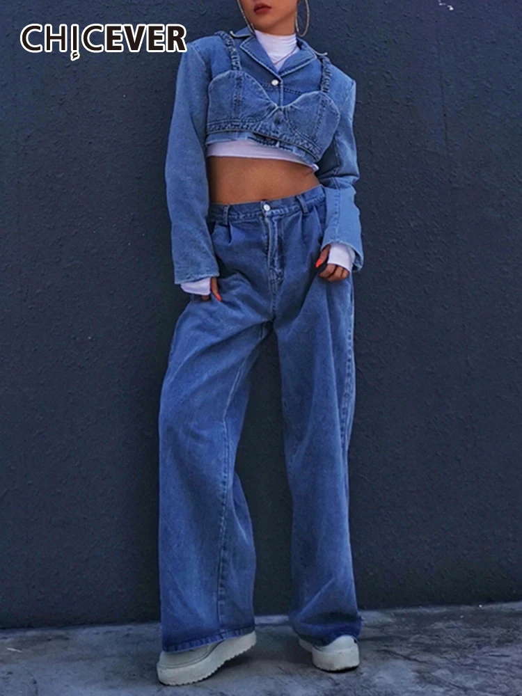 

CHICEVER Denim Three Piece Sets For Women Lapel Long Sleeve Coats Sleeveless Camisole High Waist Jeans Streetwear Sets Female