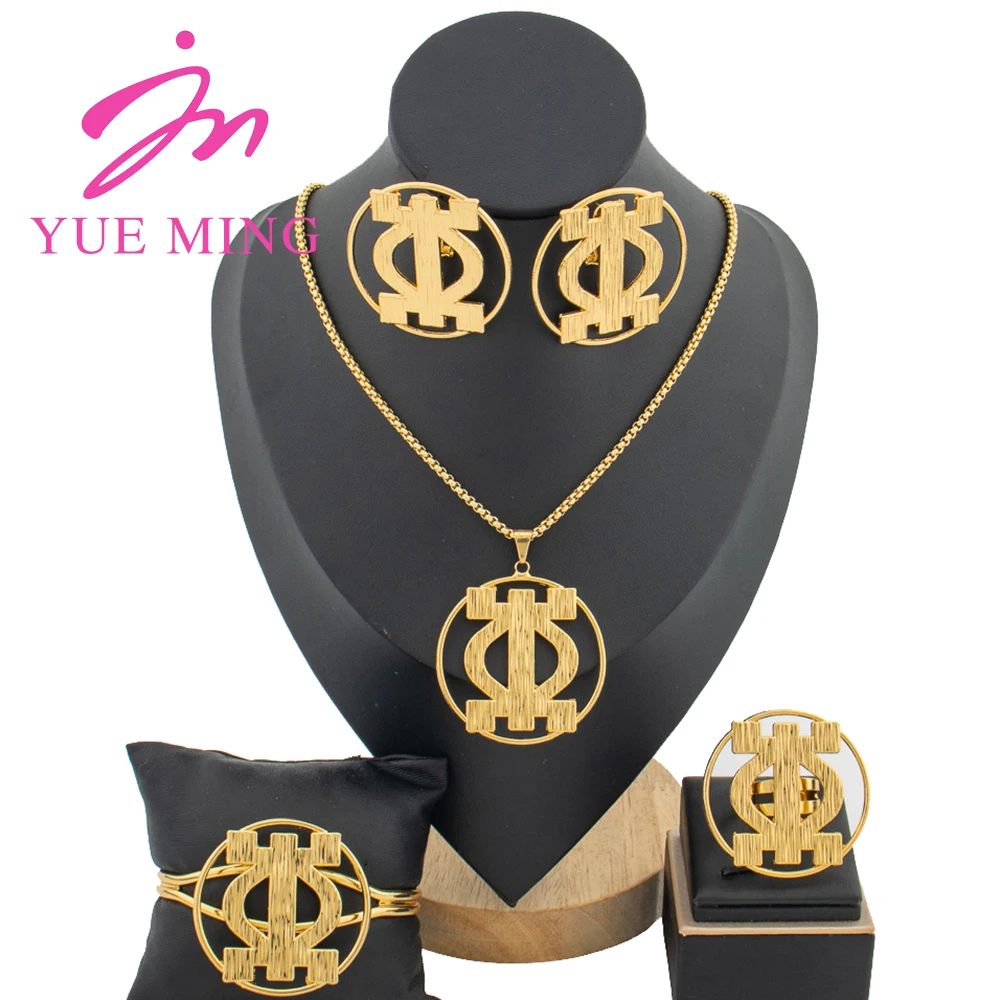 

YM New Jewelry Sets Trendy Charm Chain Geometry Pendant Elegant Cuff Bangles Adjustable Ring Gold Color Jewellry for Women Girls