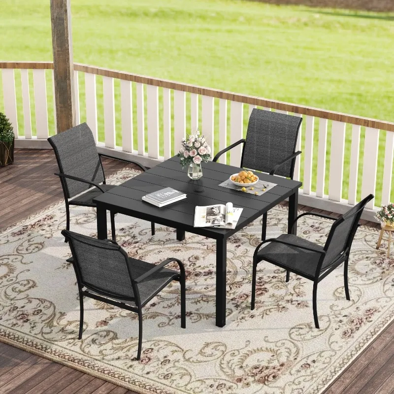 5 Pieces Patio Dining Set, Outdoor Furniture Set includes 1 Square Patio Table and 4 Stackable Patio SlingChairsTable-37.8