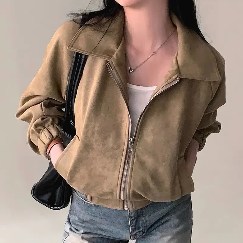 

South Korea Chic Autumn French Sle Retro Lapel Zipper Suede Loose All-Match Long Sleeve Crop Jacket Outerwear