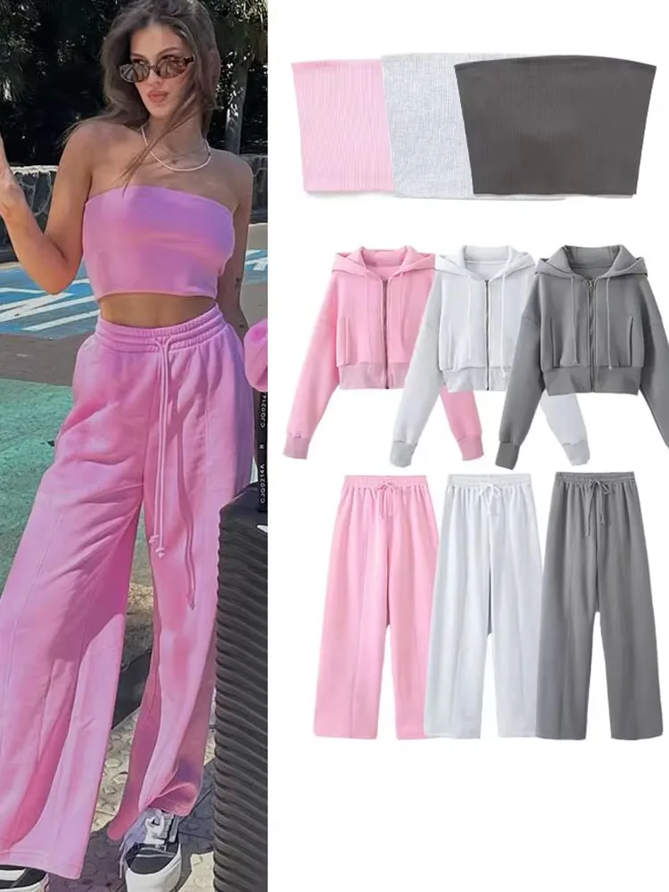 2024 Damen-Hosen-Set, einfarbig, rosa + graue Röhrenoberteile + Langarm-Kapuzenmantel + elastische Taille, kausale, lockere Fleece-Hosen, Straße