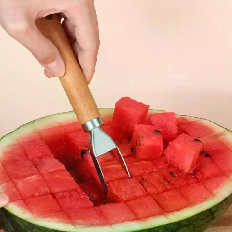 Stainless Steel Blade Wooden Handle Multifunctional Watermelon Cutter Fruit Slicer Kitchen Utensil For Home Melon Cube Cutting