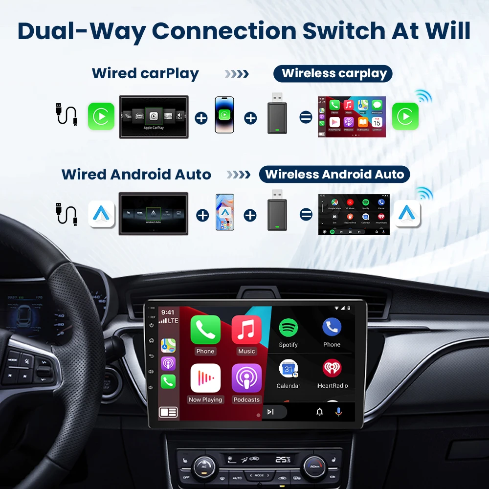 محول Carplay اللاسلكي Wireles Android Auto 2in1 Smart Dongle التوصيل والتشغيل تحديث Fota 5G WIFI لأودي بنز فولفو كيا تويوتا