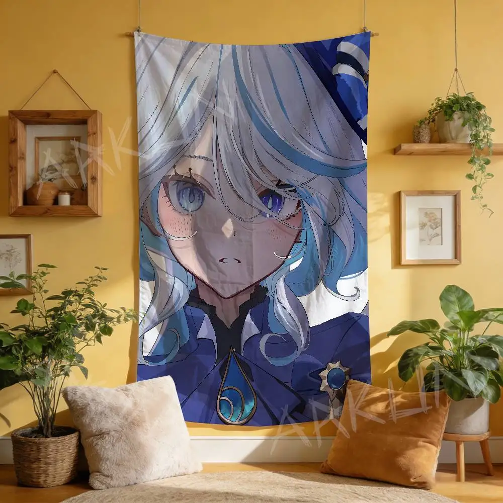 Pretty Hot Girl Furina Wall Tapestry White Light Blue Hair Anime Girl Hanging Cloth, Bedroom Dorm Gaming Room Decor