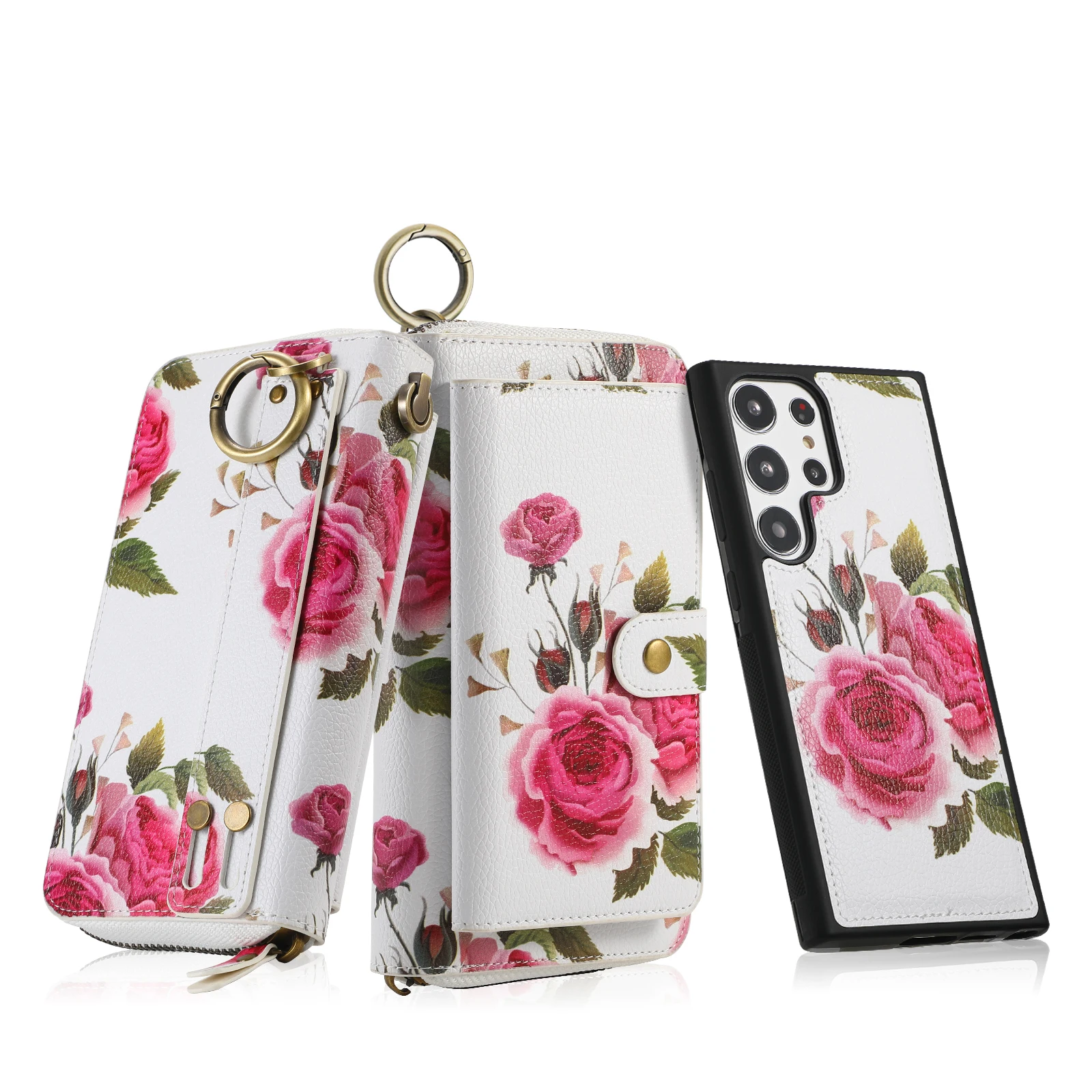 Wristband Zipper Wallet Cards Solt Flower Phone Bag For Samsung Galaxy S23 Ultra S22 Plus Note 20 Hand Strap Detachable Cover