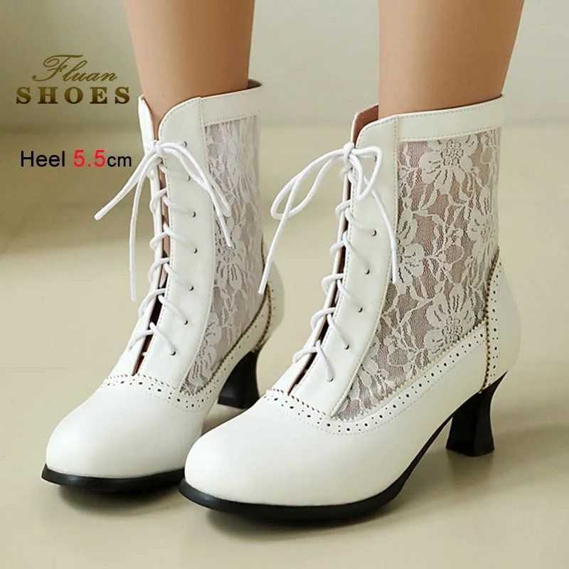 

Модные женские короткие ботинки в британском стиле, ботильоны на грубом каблуке с кружевной сеткой и шнуровкой спереди, туфли на высоком каблуке 5,5 см, сетчатые ботинки
